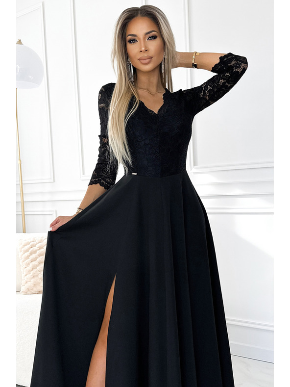 numoco AMBER csipkés, elegáns hosszú ruha kivágással és lábrésznél hasítékkal - fekete