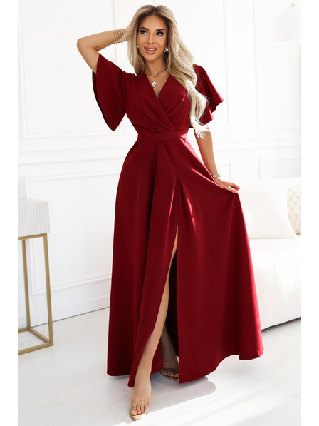 numoco JENNIFER hosszú ruha oldalsó hasítékkal, ujjal és kivágással - bordó