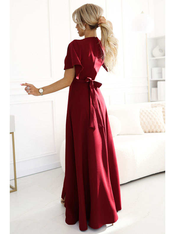 numoco JENNIFER hosszú ruha oldalsó hasítékkal, ujjal és kivágással - bordó