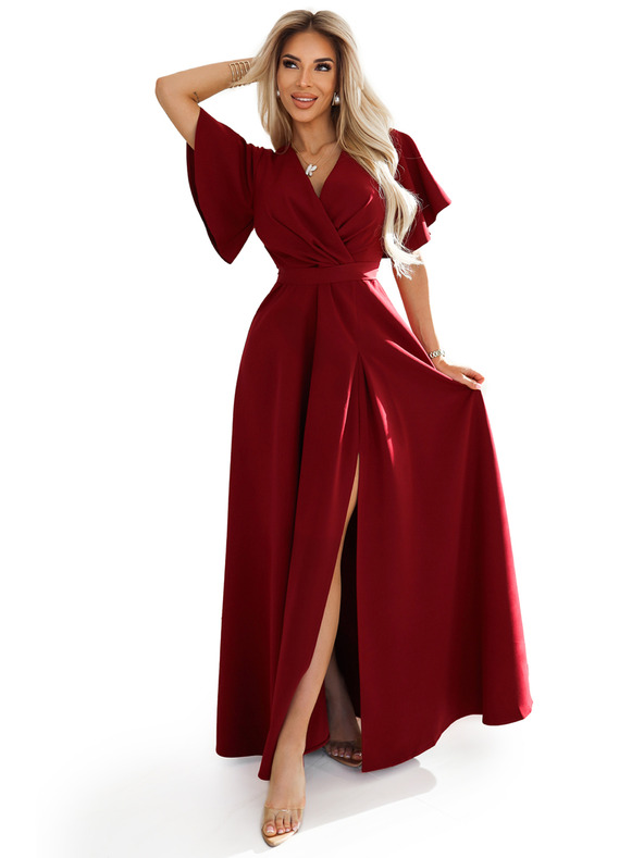 numoco JENNIFER hosszú ruha oldalsó hasítékkal, ujjal és kivágással - bordó