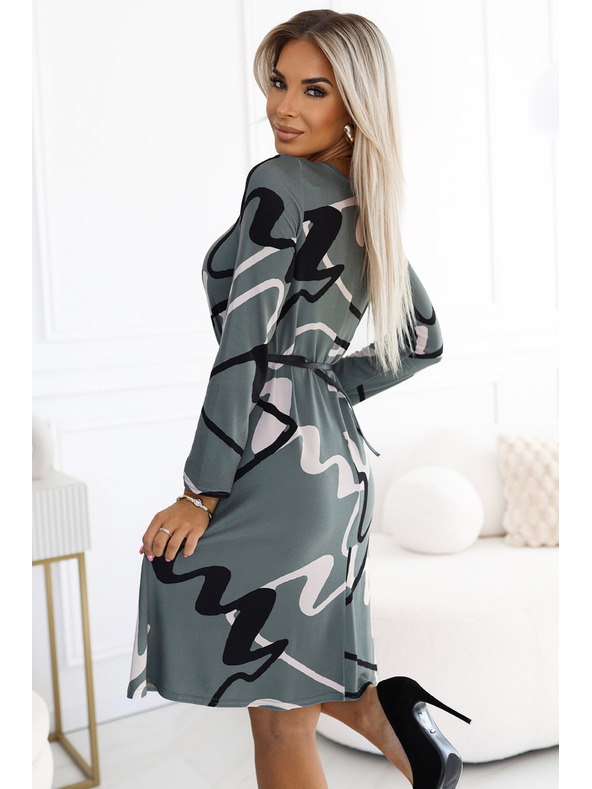 numoco Trapéz pulóver ruha övvel - olíva fekete-bézs mintával