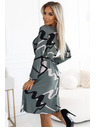 numoco Trapéz pulóver ruha övvel - olíva fekete-bézs mintával