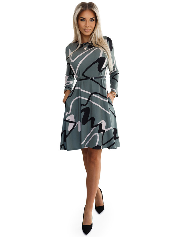 numoco Trapéz pulóver ruha övvel - olíva fekete-bézs mintával