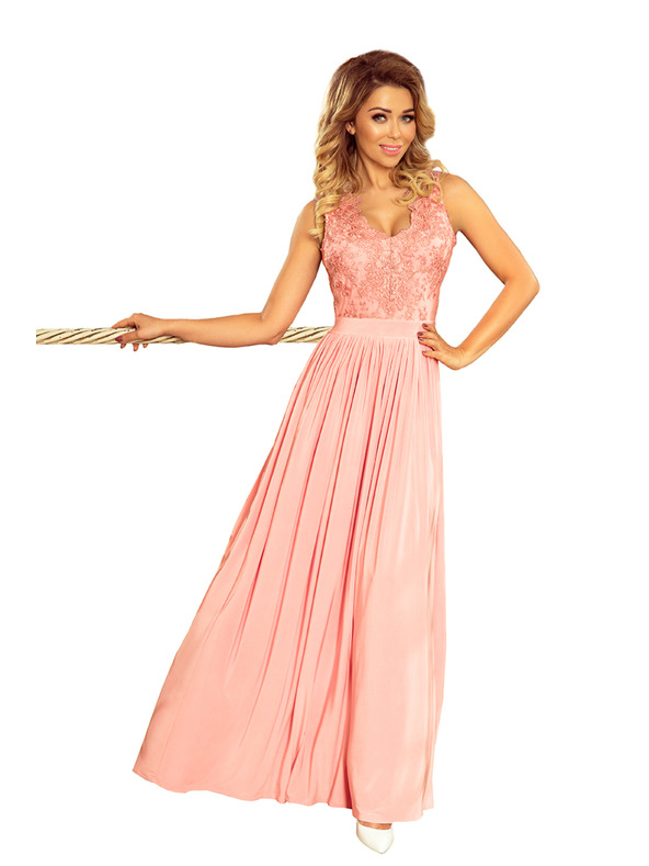 numoco LEA hosszú ruha hímzett dekoltázzsal - rózsaszín