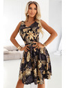 numoco Fekete midi ruha elegáns felsőrésszel és bő alsó résszel - arany levelek