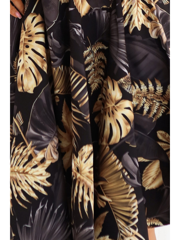 numoco Fekete midi ruha elegáns felsőrésszel és bő alsó résszel - arany levelek