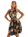 numoco Fekete midi ruha elegáns felsőrésszel és bő alsó résszel - arany levelek