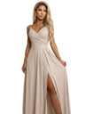 numoco CHIARA Maxi ruha spagettipánttal, átlapolós dekoltázzsal és oldalsó hasítékkal - pezsgő bézs csillogós