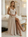 numoco CHIARA Maxi ruha spagettipánttal, átlapolós dekoltázzsal és oldalsó hasítékkal - pezsgő bézs csillogós