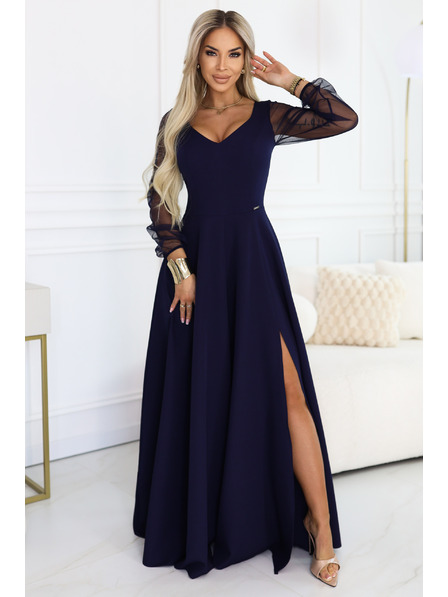 numoco LORETTA egyedi hosszú ruha tüll ujjakkal és dekoltázzsal - sötétkék