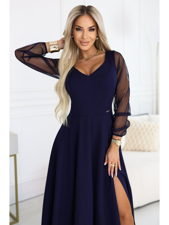 numoco LORETTA egyedi hosszú ruha tüll ujjakkal és dekoltázzsal - sötétkék