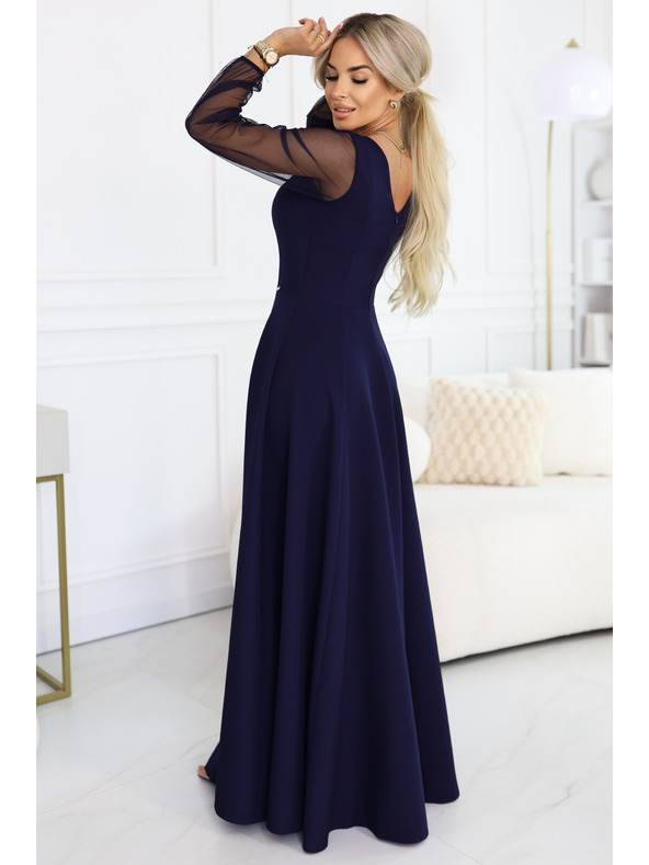 numoco LORETTA egyedi hosszú ruha tüll ujjakkal és dekoltázzsal - sötétkék