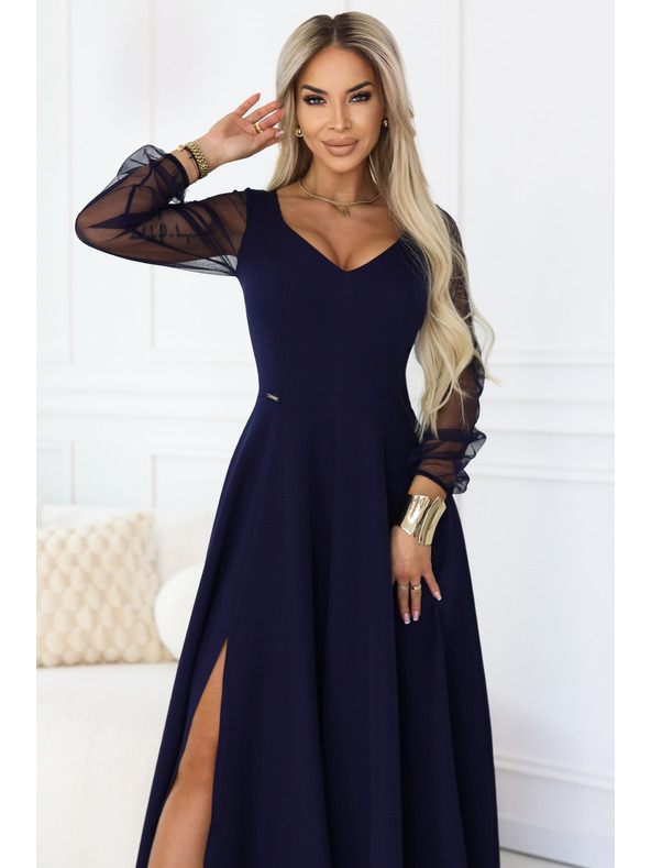numoco LORETTA egyedi hosszú ruha tüll ujjakkal és dekoltázzsal - sötétkék