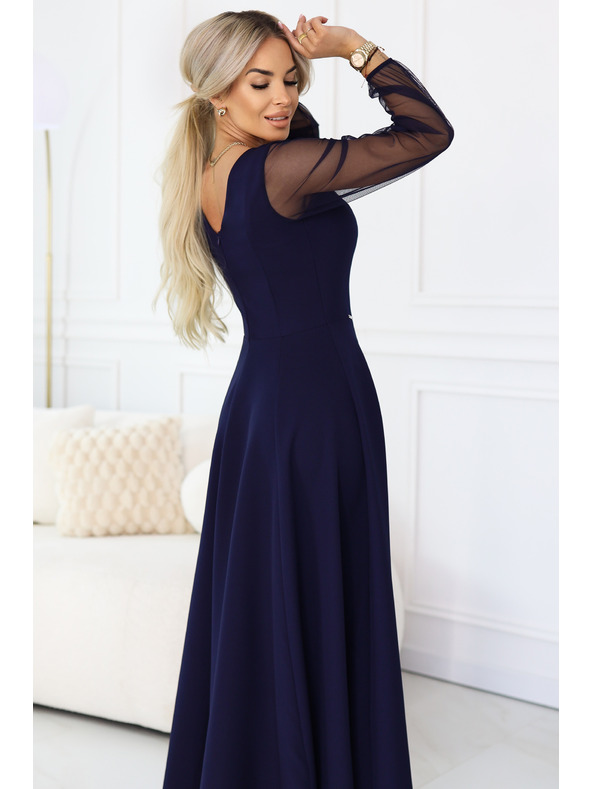 numoco LORETTA egyedi hosszú ruha tüll ujjakkal és dekoltázzsal - sötétkék