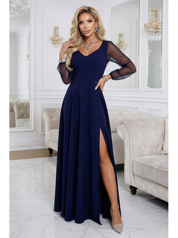 numoco LORETTA egyedi hosszú ruha tüll ujjakkal és dekoltázzsal - sötétkék