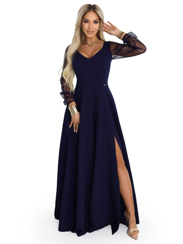 numoco LORETTA egyedi hosszú ruha tüll ujjakkal és dekoltázzsal - sötétkék