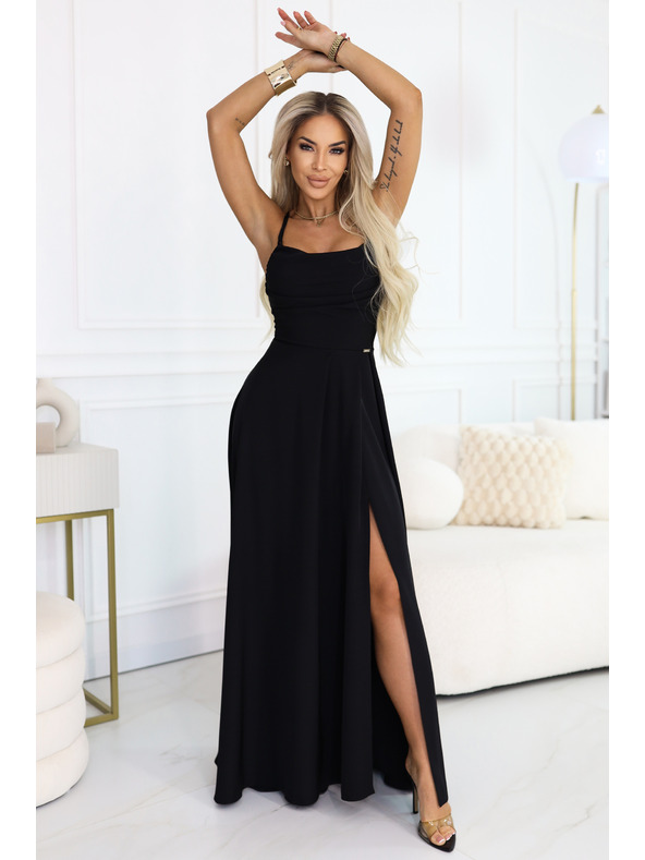 numoco Maxi ruha pántokkal, hátul fűzővel és felhasítással - fekete