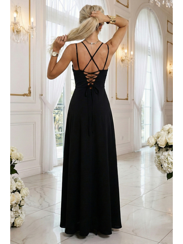 numoco Maxi ruha pántokkal, hátul fűzővel és felhasítással - fekete