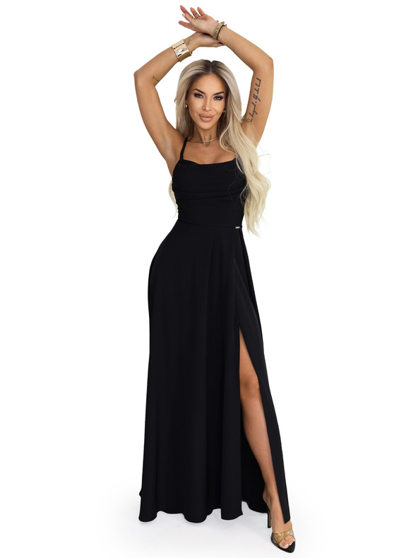 numoco Maxi ruha pántokkal, hátul fűzővel és felhasítással - fekete