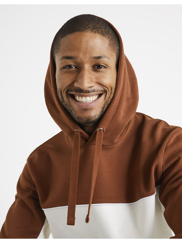 Celio Barna és fehér férfi pamut kapucnis Celio Debiding kapucnis pulóver, barna és fehér