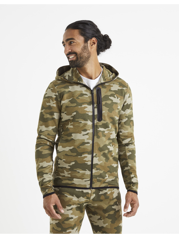 Celio Bézs és zöld férfi terepszínű kapucnis pulóver Celio Veyoke