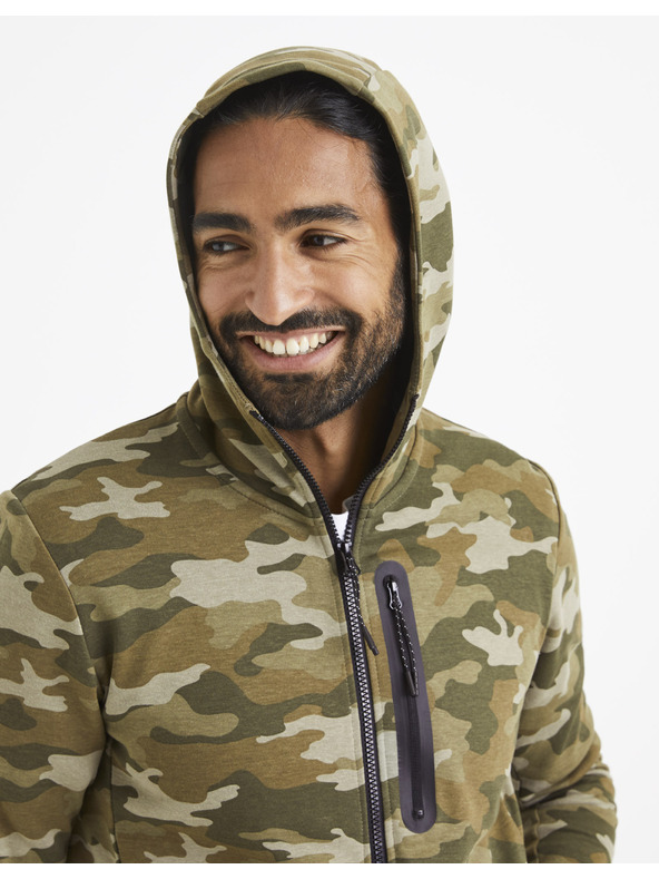 Celio Bézs és zöld férfi terepszínű kapucnis pulóver Celio Veyoke