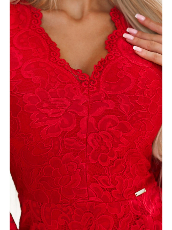 numoco Hosszú ujjú csipke nyakkivágású ruha - piros Numoco