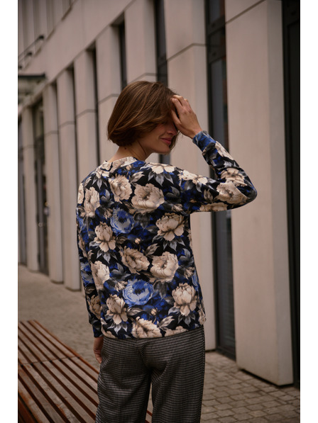 Moodo V-nyakú virágos kapucnis pulóver fekete Moodo