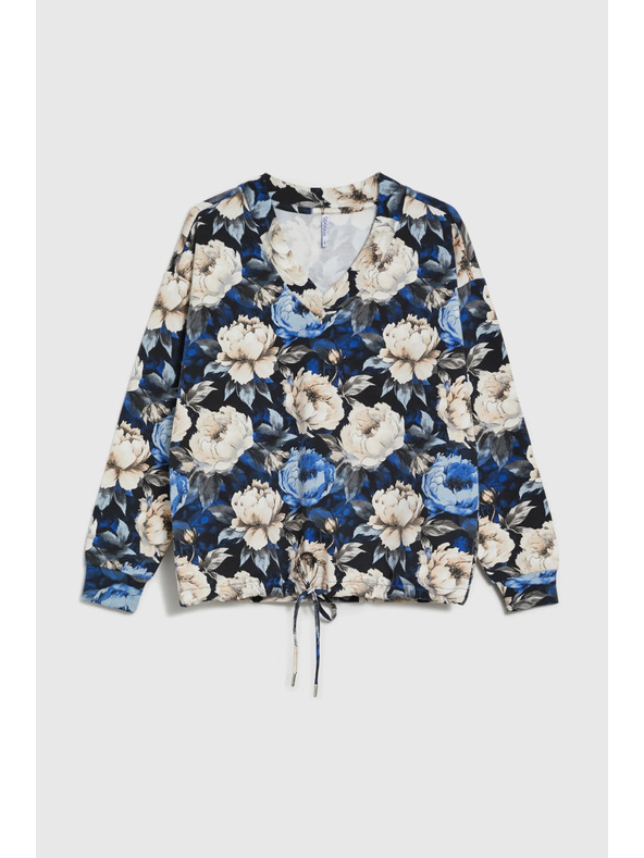 Moodo V-nyakú virágos kapucnis pulóver fekete Moodo