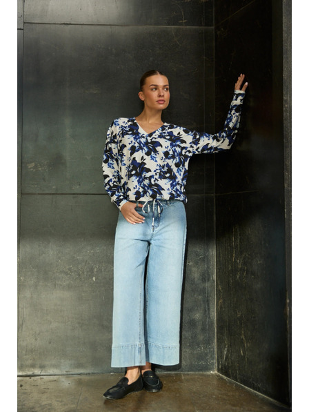 Moodo V-nyakú virágos kapucnis pulóver fehér Moodo