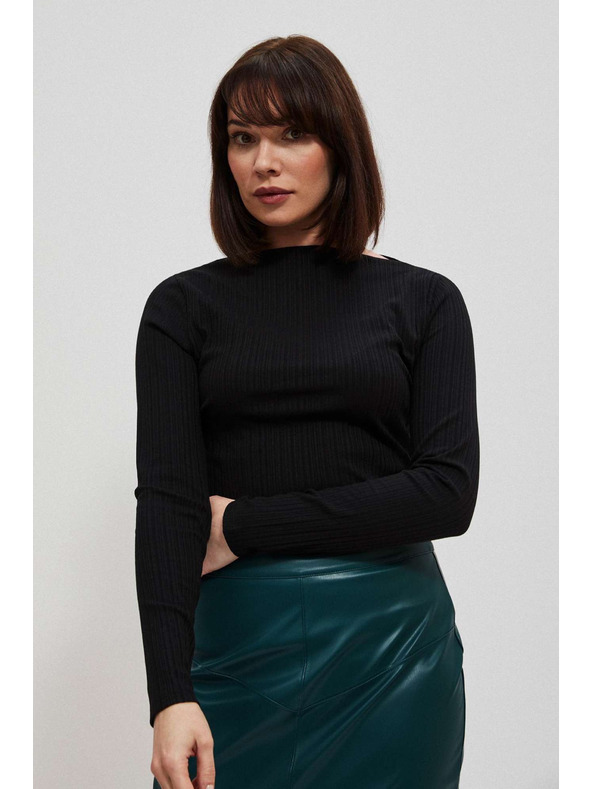 Moodo Fekete bordázott, szűkített hosszú ujjú blúz Moodo