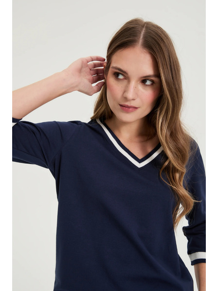 Moodo Sötétkék pamut V-nyakú blúz Moodo