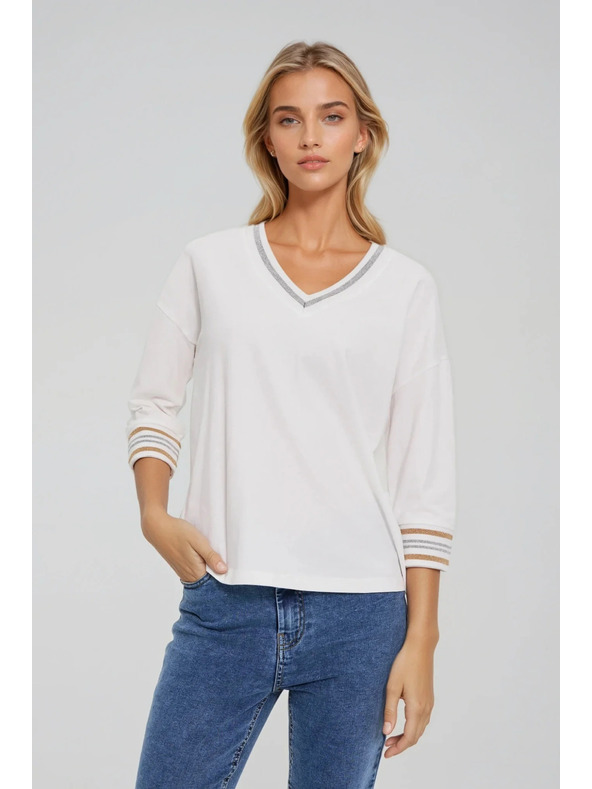 Moodo Fehér pamut pulóver V-nyakkivágással Moodo
