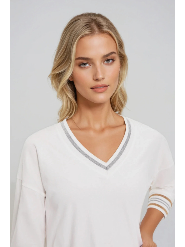 Moodo Fehér pamut pulóver V-nyakkivágással Moodo
