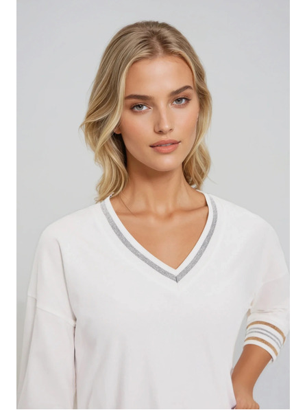 Moodo Fehér pamut pulóver V-nyakkivágással Moodo