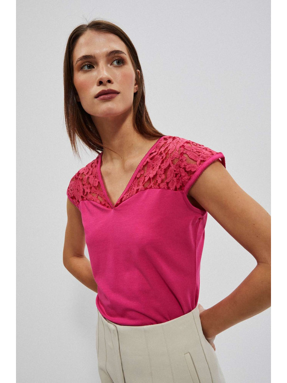 Moodo Rózsaszín V-nyakú blúz csipkével Moodo