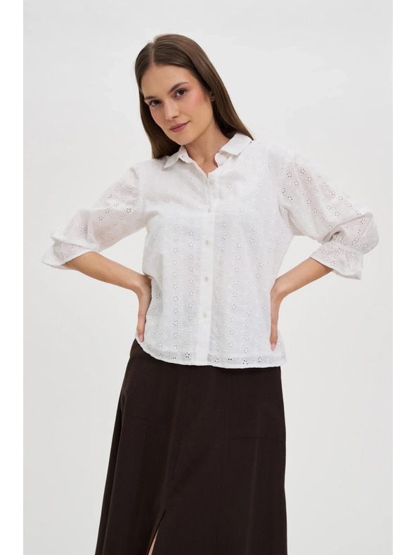 Moodo Fehér pamut blúz fodros ujjakkal Moodo