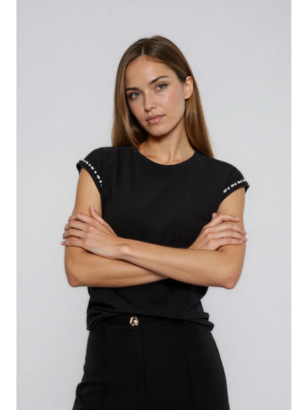 Moodo Fekete pamut blúz díszített ujjakkal Moodo