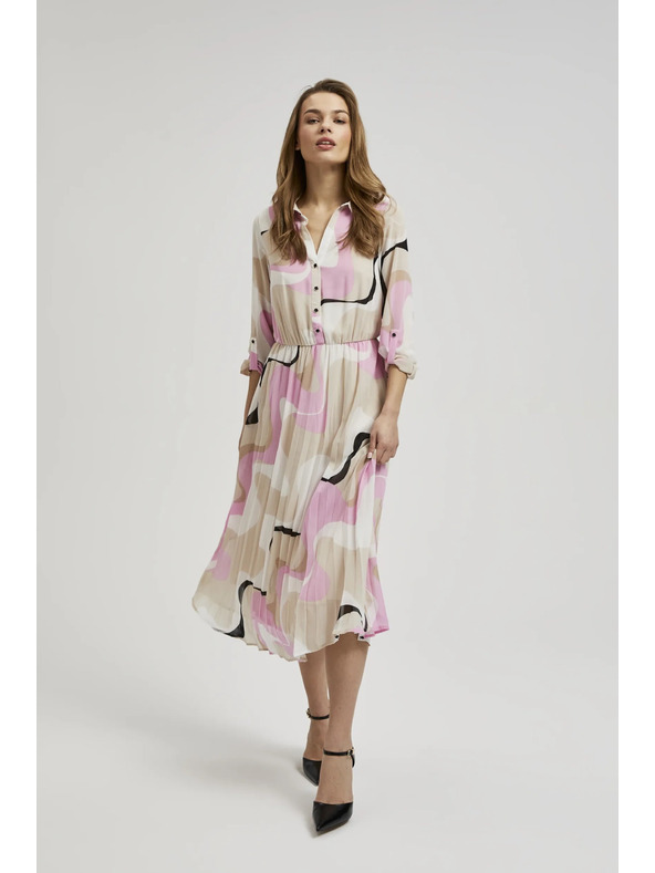 Moodo Bézs ruha geometriai mintával és pliszírozott aljjal Moodo