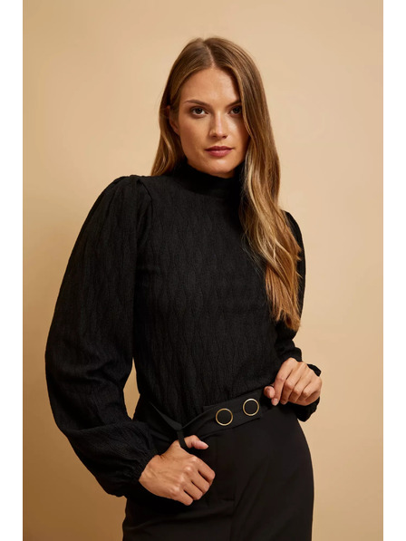 Moodo Fekete félgalléros blúz habos ujjakkal Moodo