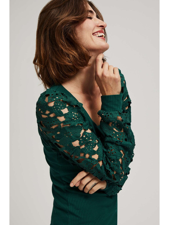 Moodo Smaragdzöld póló csipkés ujjakkal Moodo