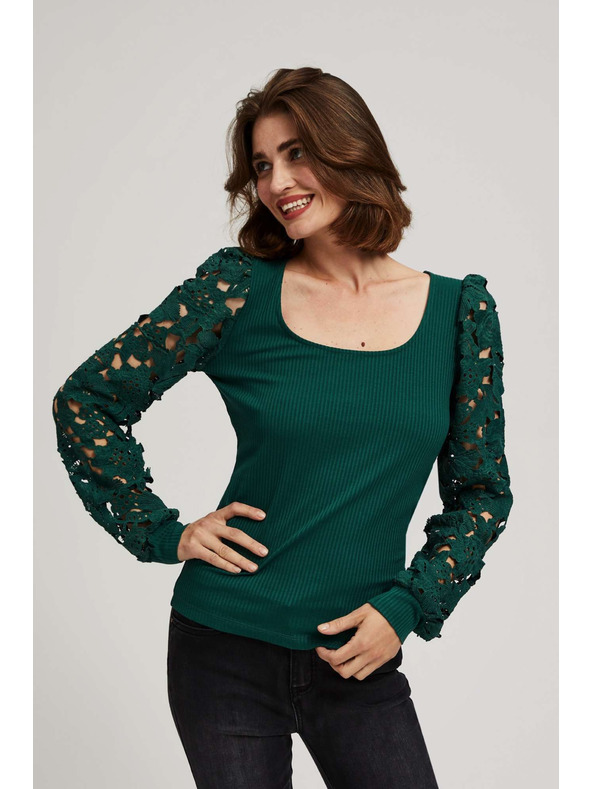 Moodo Smaragdzöld póló csipkés ujjakkal Moodo