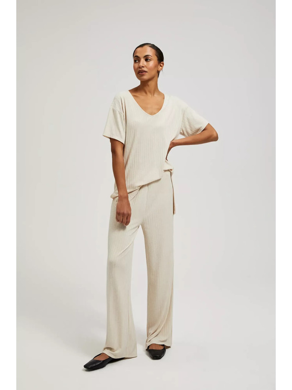 Moodo Moodo bézs bordázott kötött nadrág