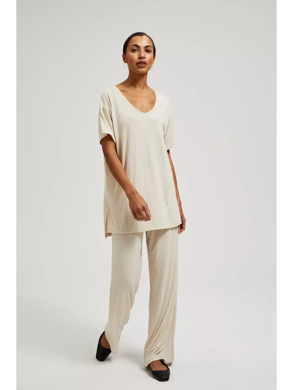 Moodo Moodo bézs bordázott kötött nadrág