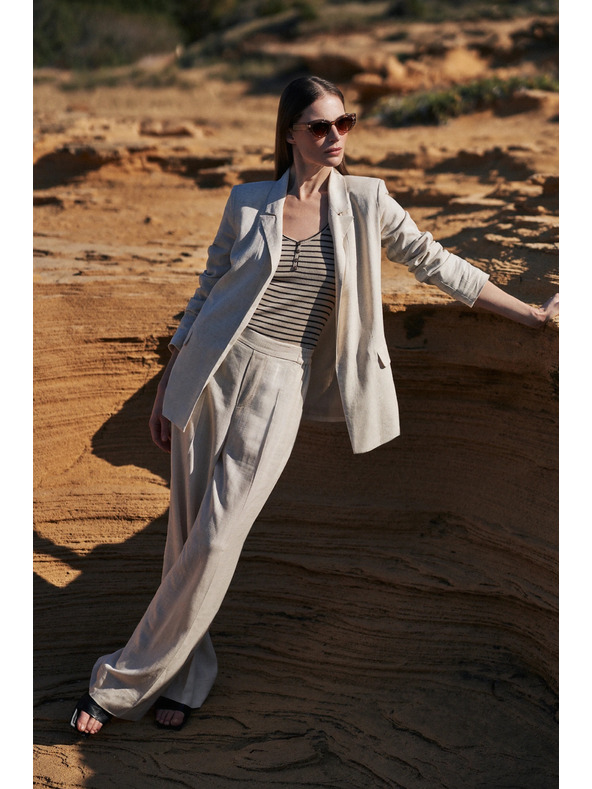 Moodo Moodo lenvászon bő szárú nadrág bézs színben