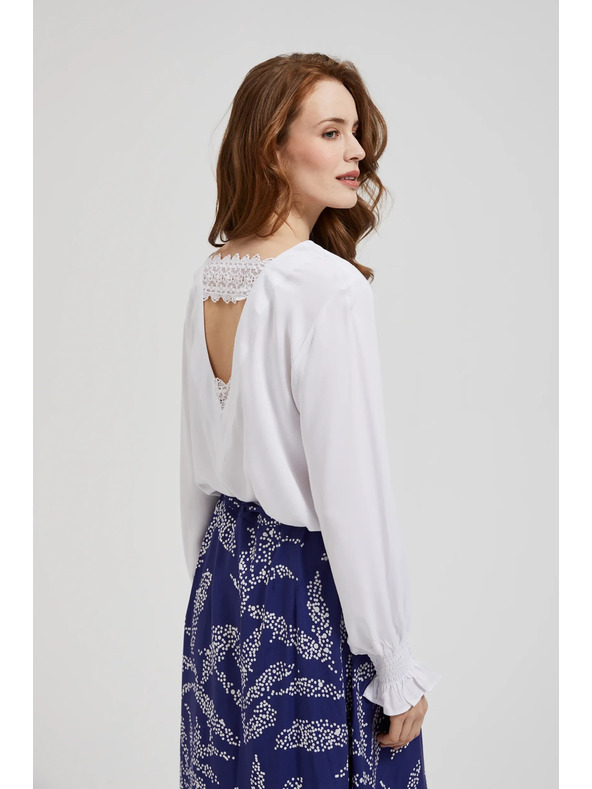 Moodo Fehér V-nyakú viszkóz ing felfújt ujjakkal Moodo