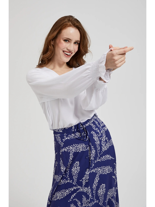 Moodo Fehér V-nyakú viszkóz ing felfújt ujjakkal Moodo