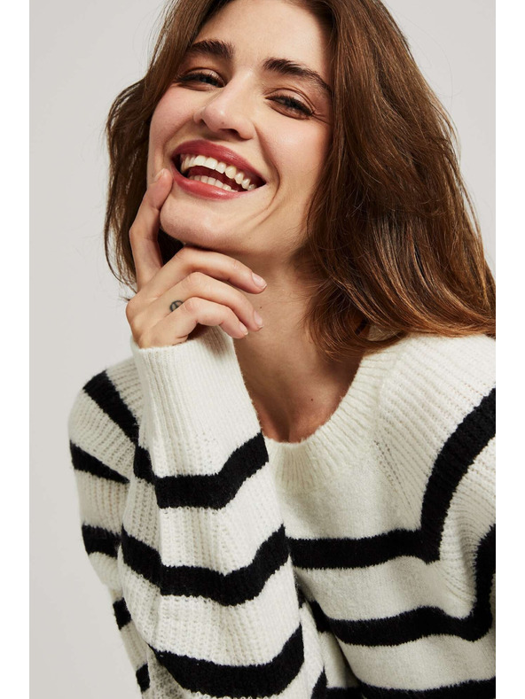 Moodo Gyöngyház-fekete csíkos pulóver kerek nyakkal Moodo