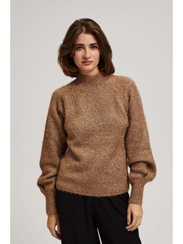 Moodo Moodo bézs fémes szállal díszített nyakú pulóver