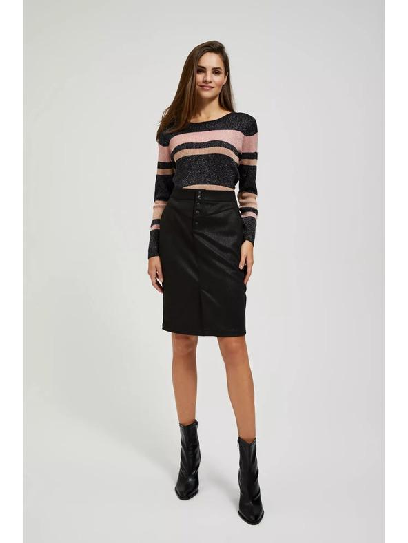 Moodo Moodo fekete csíkos pulóver fémes szállal és kerek nyakkivágással
